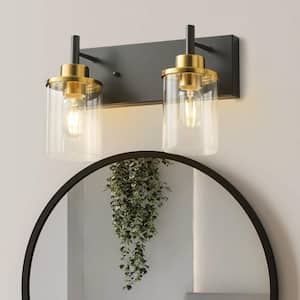 13.78 in. 2-Light Black and Gold Modern/Contemporary Bathroom Vanity Light with Cylinder Clear Glass Shade