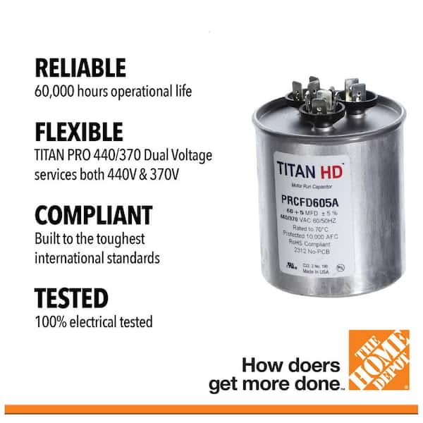 60 Plus 5 MFD, 440-Volt/370-Volt Dual Voltage Round Run Capacitor