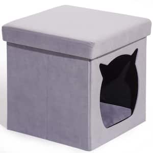 14.90 in. Velvet Folding Pet Ottoman, Footrest Stool with Cat Bed