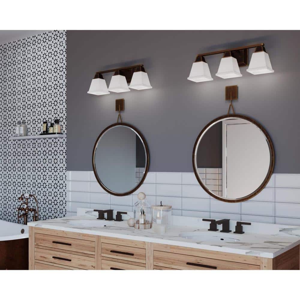 Antique Bronze 3-Light Bath Vanity Fixture with Etched Glass Shades
