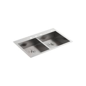 Vault Dual-Mount Stainless Steel 33 in. 4-Hole 50/50 Double Bowl Kitchen Sink
