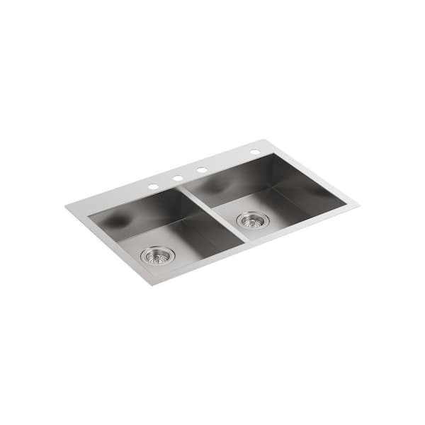 KOHLER Vault Dual-Mount Stainless Steel 33 in. 4-Hole 50/50 Double Bowl Kitchen Sink