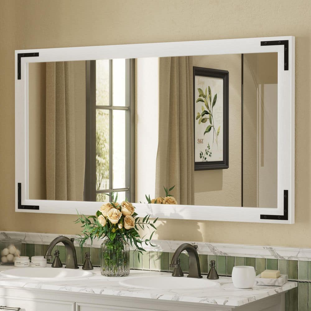 55 in. W x 30 in. H Rectangular Rustic Farmhouse Solid Wood Framed & Tempered Glass Wall Bathroom Vanity Mirror in White price history on PriceWatchPro