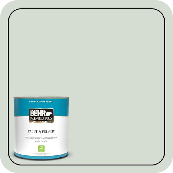BEHR PREMIUM PLUS 1 qt. #ICC-95 Soothing Celadon Satin Enamel Low Odor Interior Paint & Primer