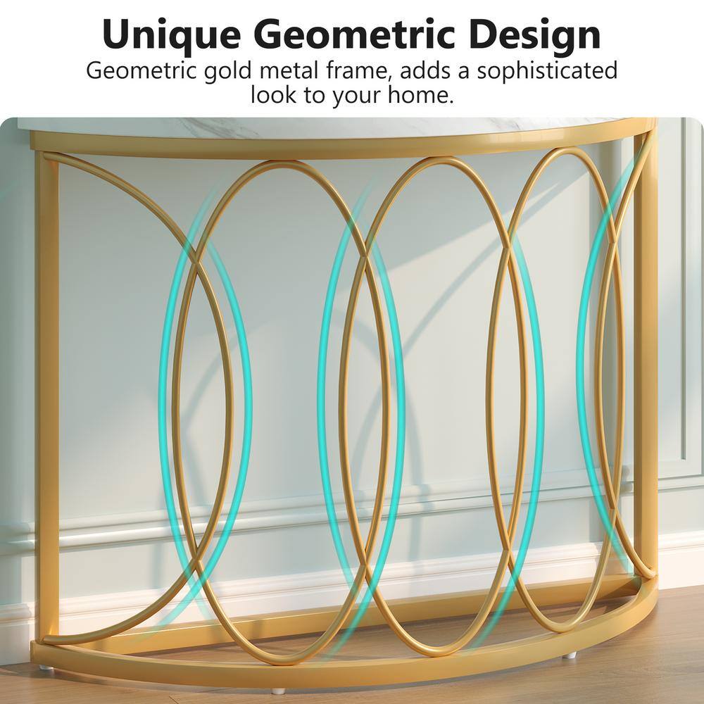 43" White Faux Marble and Gold Metal Half Moon Console Table