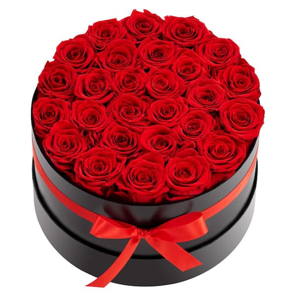 27 Preserved Roses in a Box, 5.51 in. Red Indoor Artificial Rose in Black Basket Container, Long-Lasting Floral