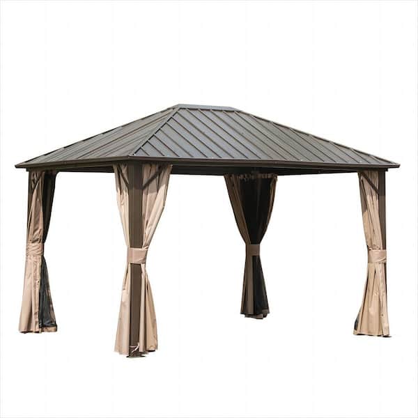 12 ft. W x 10 ft. D Aluminum Hardtop Gazebo with Galvanized Steel Roof Curtains and Netting
