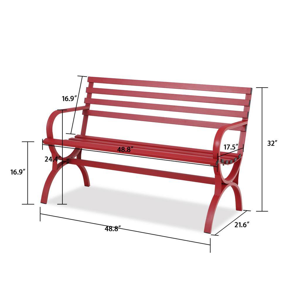 48-Inch Red Steel Slatted Outdoor Bench with Arms