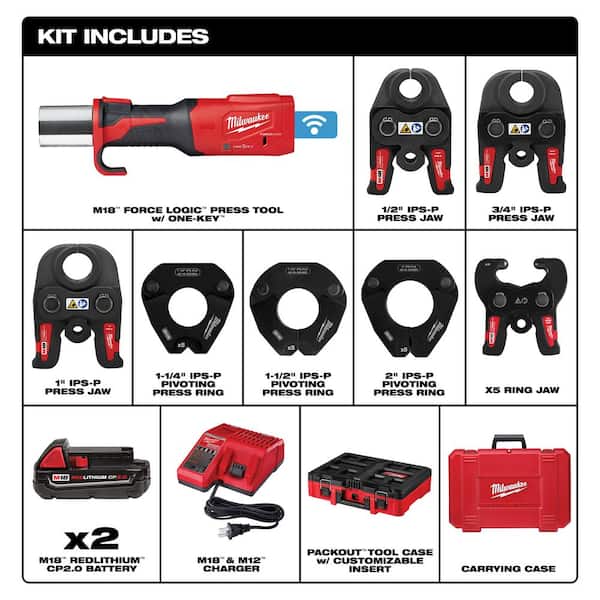M18 18-Volt Lithium-Ion Brushless FORCE LOGIC Press Tool with 1/2 in. - 2 in. IPS-P Jaw and Pivoting Ring Kit