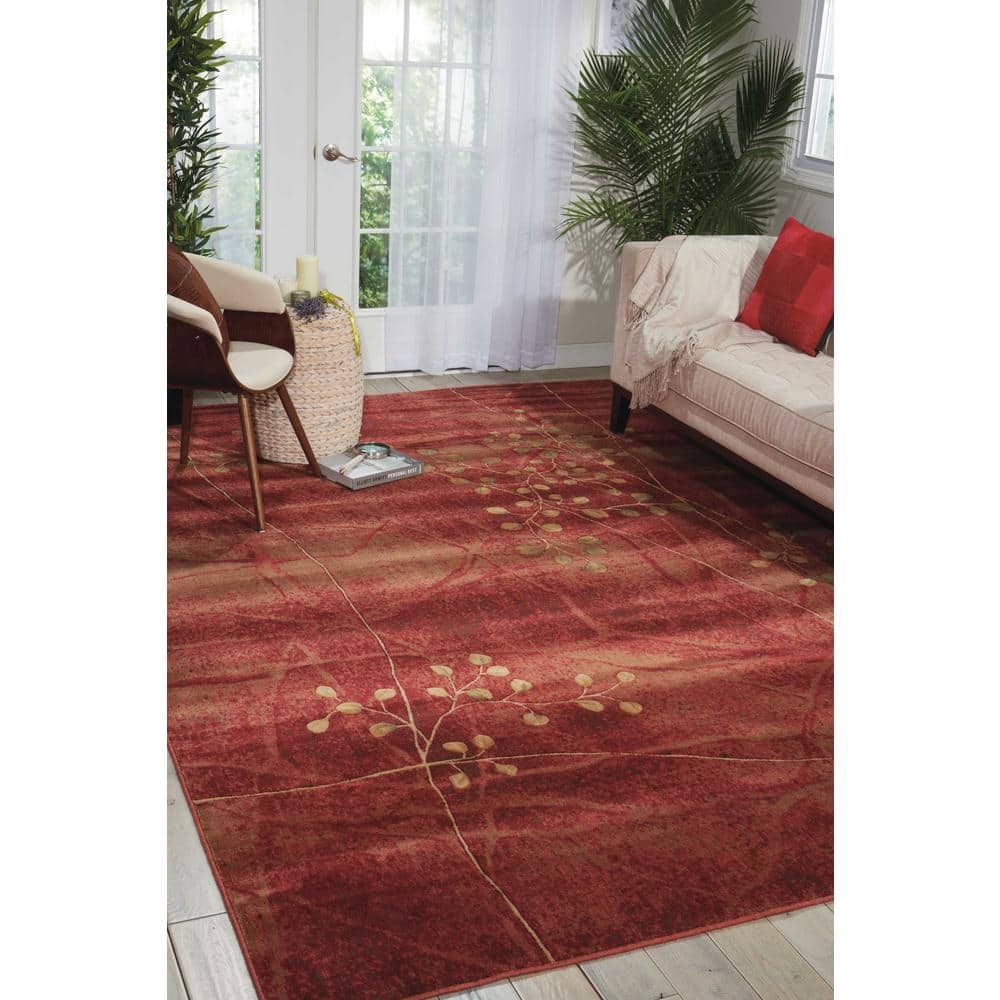 Flame Red and Brown Synthetic Medium Rectangular Rug