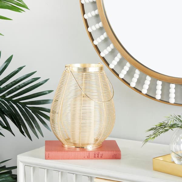 11 in. H Gold Metal Decorative Candle Lantern with Thin Metal Handle