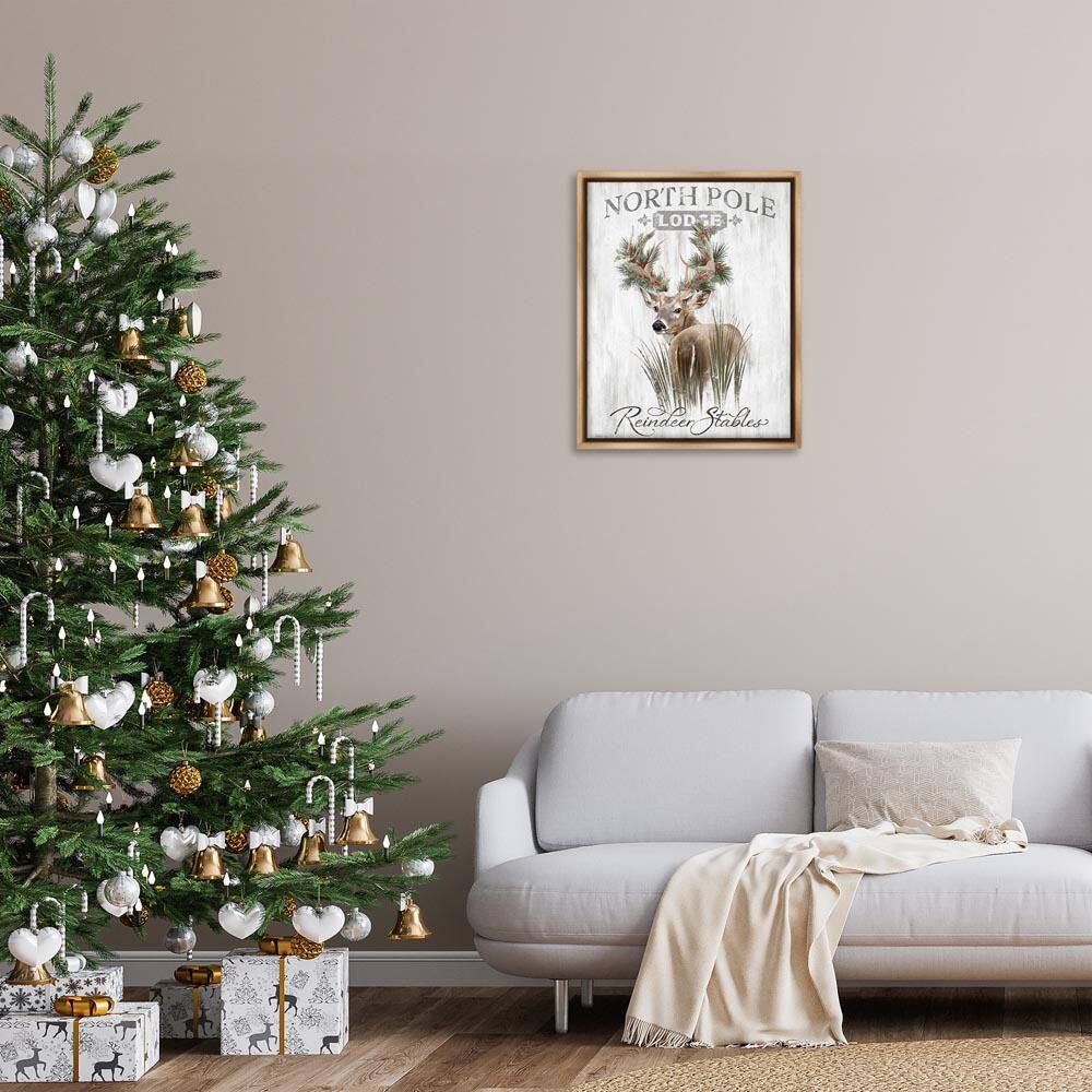 Festive Winter Reindeer Lodge by Cat Thurman Designs Brown Floater Frame Animal Graphic Art Print 31 in. x 25 in. price history on PriceWatchPro