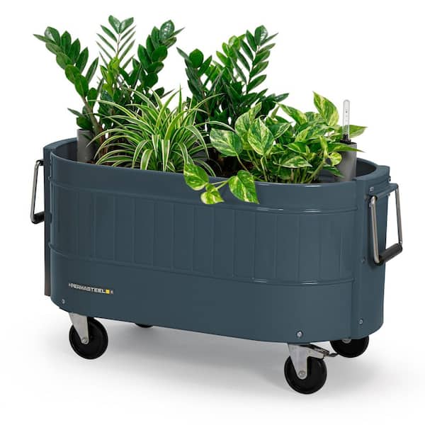 29.5 in. L x 15 in. W x 10 in. H Self-Watering Steel Garden Bed, Rolling Planter, Caster Wheels, Blue