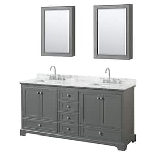 72 in. W x 22 in. D Vanity in Dark Gray with Marble Vanity Top in Carrara White with White Basins and Medicine Cabinet