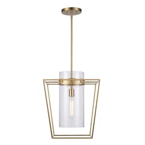 15 in. 1-Light Antique Gold Pendant Light Fixture with Clear Glass Cylinder Shade