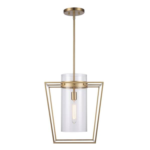 Bel Air Lighting 15 in. 1-Light Antique Gold Pendant Light Fixture with Clear Glass Cylinder Shade