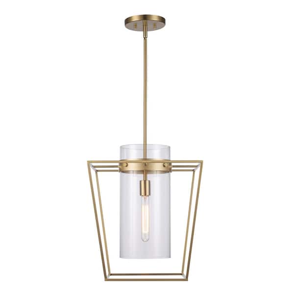 15 in. 1-Light Antique Gold Pendant Light Fixture with Clear Glass Cylinder Shade