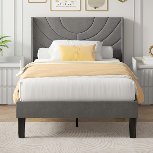VECELO Upholstered Bed Frame Twin Gray Metal Bed Frame with Fabric Headboard, Wooden Slats Support