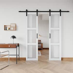 42 in. x 84 in. 3-Lites Frosted Glass and MDF Finished Double Sliding Barn Door with Soft Close and Hardware Kit