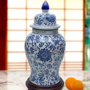 24 in. Oriental Furniture Floral Blue and White Porcelain Temple Jar