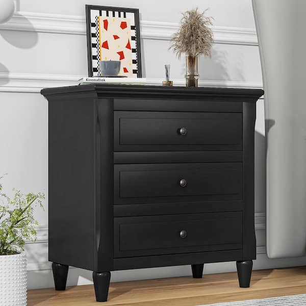 Polibi Modern Black 3-Drawer Exquisite Solid Wood Cabinet Nightstand(28.1 in. H x 27.9 in. W x 16.9 in. D)