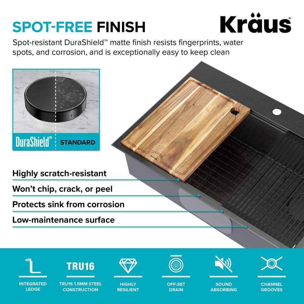 Kore 33" Black Stainless Steel Drop-In Single Bowl Kitchen Sink