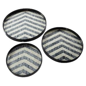 Black Handmade Mother of Pearl Chevron Decorative Tray with Slot Handles (Set of 3)