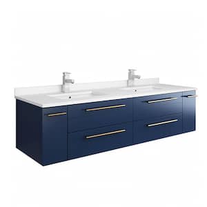 Lucera 60 in. W Wall Hung Bath Vanity in Royal Blue with Quartz Stone Double Sink Vanity Top in White with White Basins
