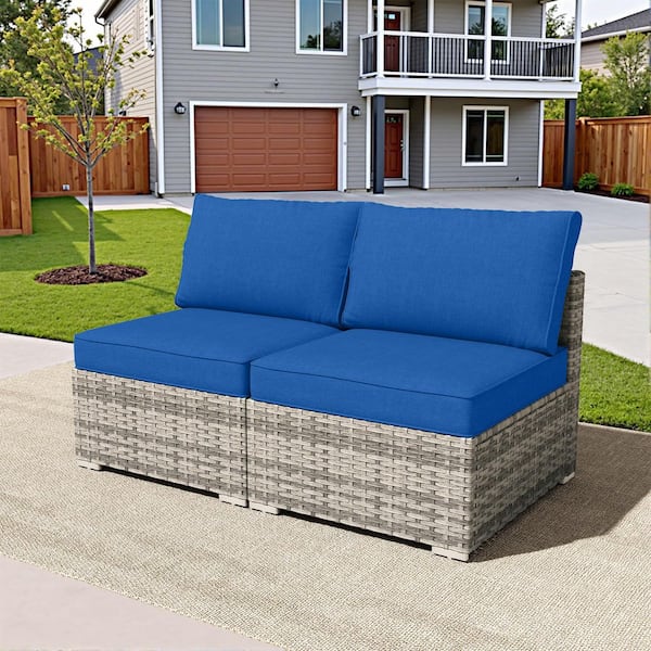 Chic 2 Pieces Wicker Patio Conversation Seating Sofa Set with Navy Blue Cushions