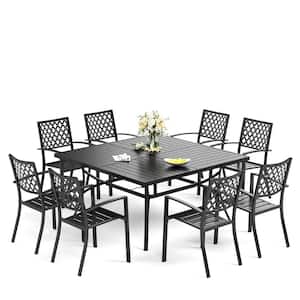9-Piece Metal Outdoor Dining Set with Square Table and Black Elegant Stackable Chairs