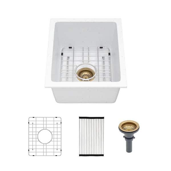 15 in. Undermount Single Bowl White Quartz Composite Kitchen Prep Sink Granite Bar Basin Round Corner with Bottom Grid