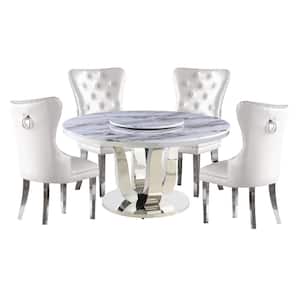 Gina 6-Piece Marble Top W/Lazy Susan Stainless Steel Base Table Set,4 White Faux Leather Chair W/Nailhead Trim&Back Ring