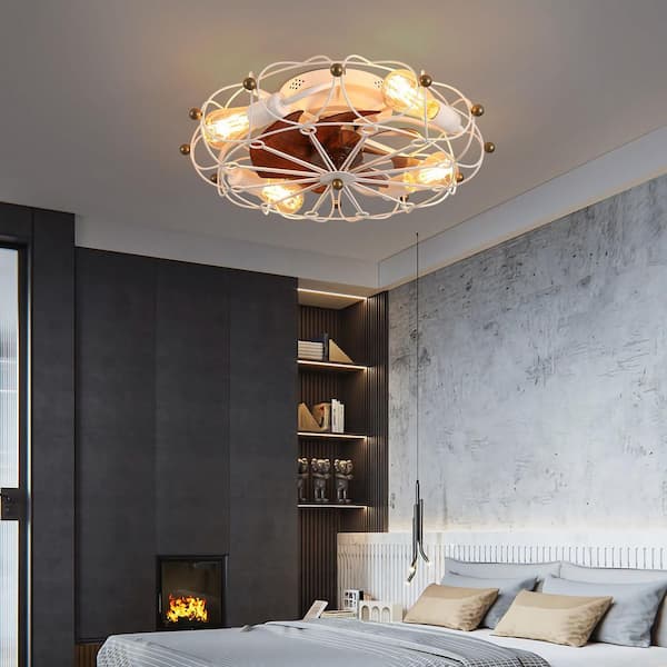 Byteany 20 in. White indoor Low Profile Caged Ceiling Fan with Remote Control and Dimmable LED light