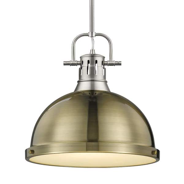 Duncan 1 Light Pendant with Rod in Pewter with an Aged Brass Shade