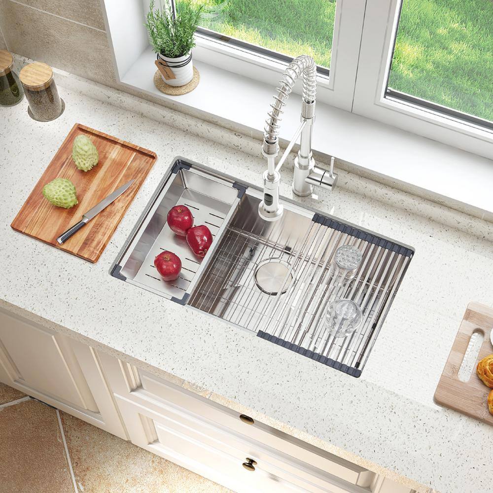 304 Stainless Steel 32 in. Single Bowl Undermount Workstation Kitchen Sink with Grid Board Colander Drying Rack