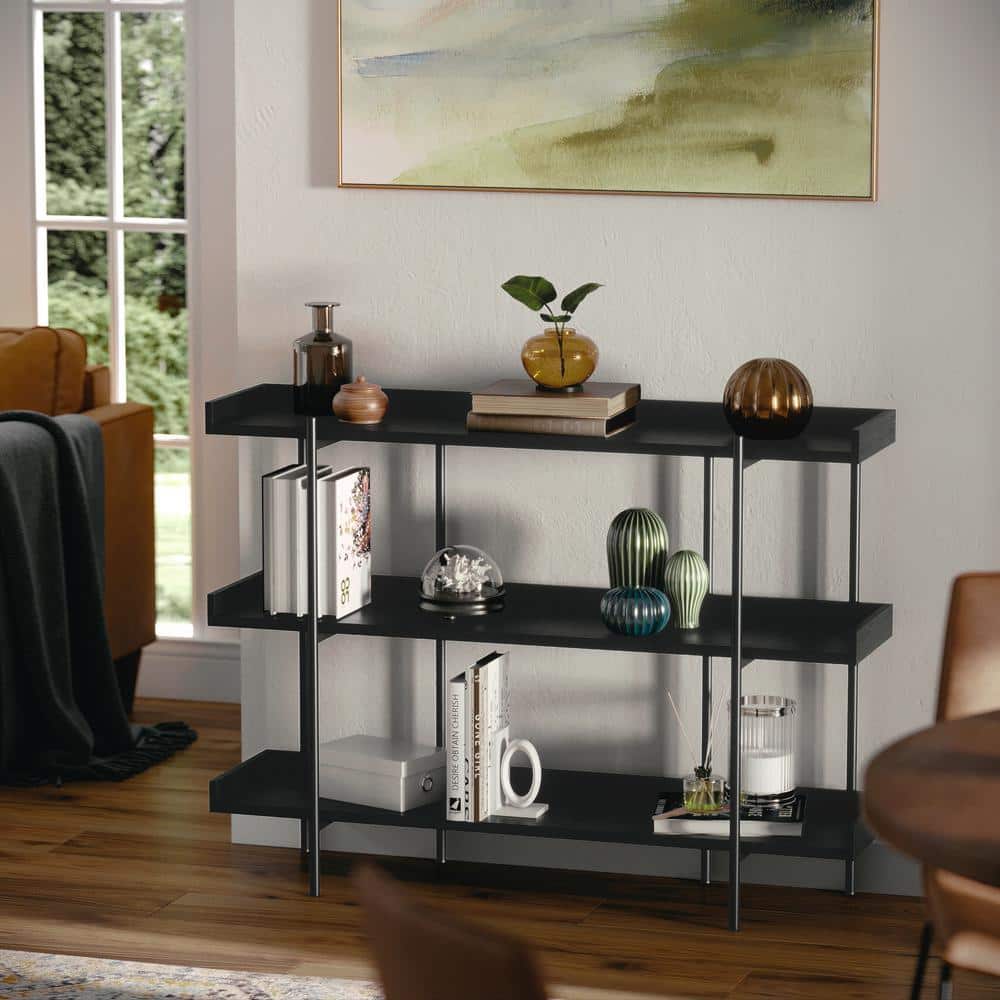 Black Wood Grain 3-Shelf Bookcase with Oil Rubbed Bronze Frame