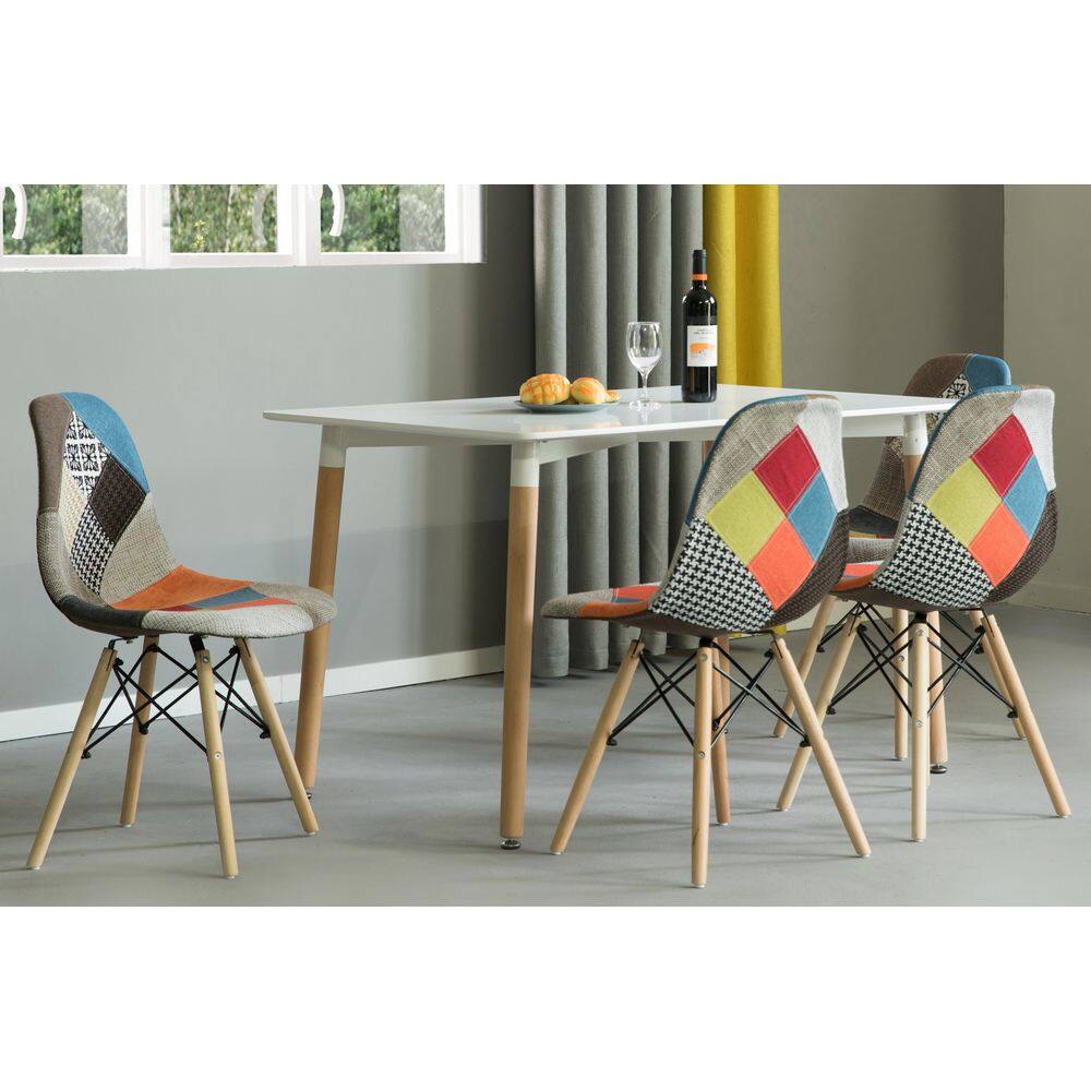 Multicolor Patchwork Upholstered Side Chair with Wooden Legs