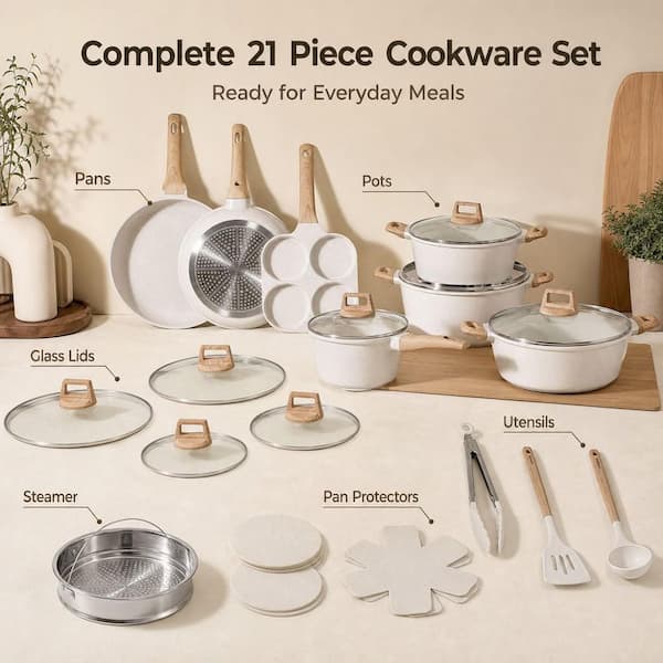 Numhew 21-Piece Cream White Die-Cast Aluminum Nonstick Cookware