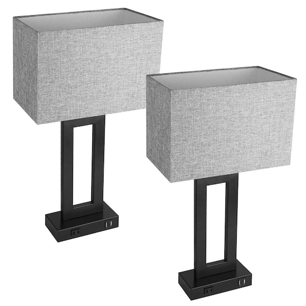 Etokfoks 21.26 in. Grey Touch Control Cool White Light Dimmable Table Lamps With USB AC Output Ports (Set of 2)