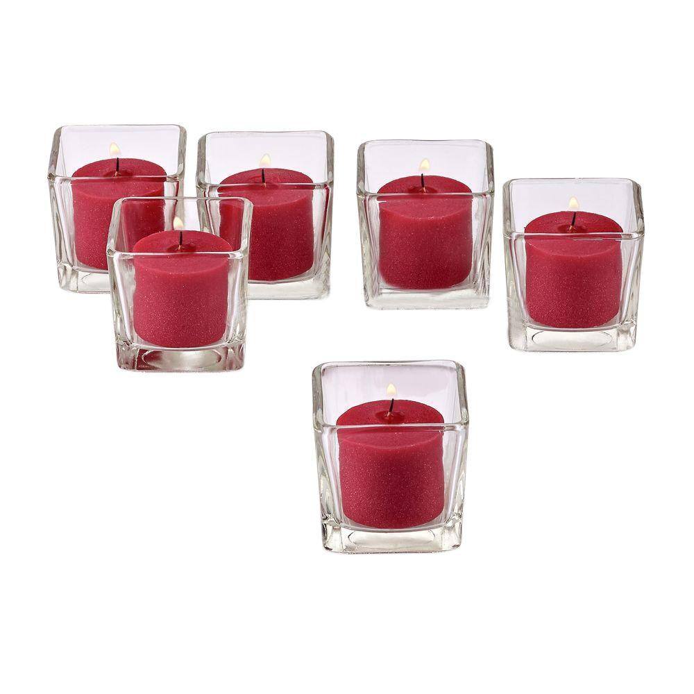 Light In The Dark Clear Glass Square Votive Candle Holders With Red Votive Candles Set Of 12 Litd Vcg 12 Sqr 1012 Red The Home Depot