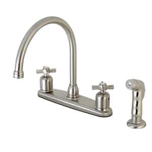 Modern Cross 2-Handle High Arc Standard Kitchen Faucet with Side Sprayer in Brushed Nickel