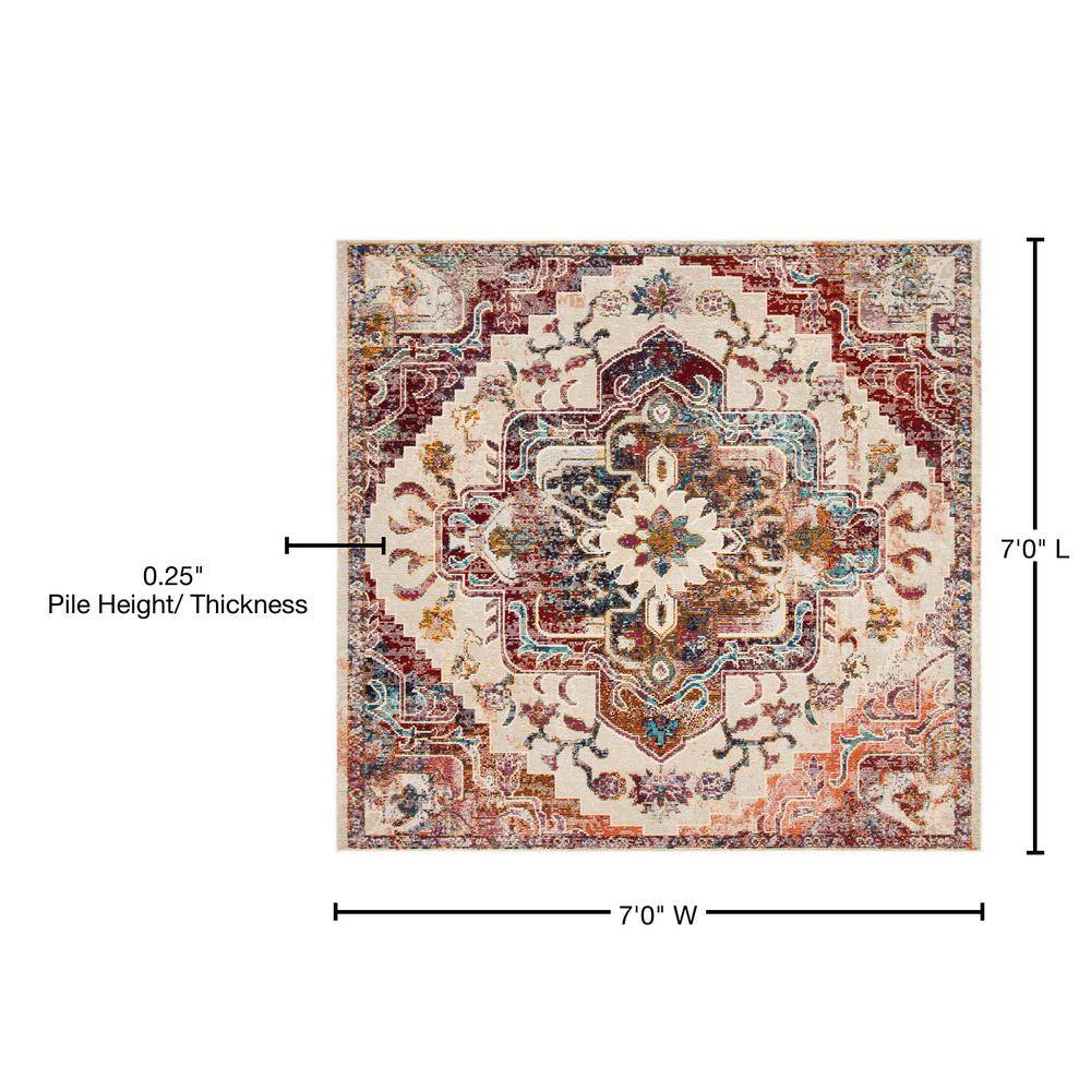 Elysian Blooms Light Blue & Burgundy Floral Synthetic Square Rug