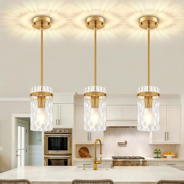 1-Light Gold Modern Pendant Light with Cylinder Clear Water Glass Shade (Set of 3)