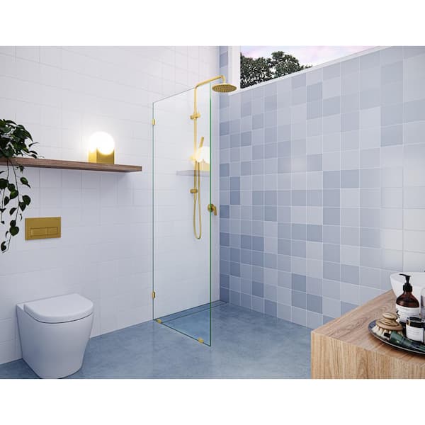 Glass Warehouse Vela 26.5 in. W x 78 in. H Frameless Fixed Single Panel Shower Door in Satin Brass Without Handle