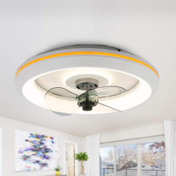Bella Depot 19 in. Indoor White Low Profile Ceiling Fan with Integrated LED Light and Remote Flush Mount Ceiling Fan