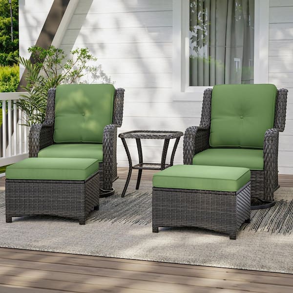 5-Piece Patio Brown Wicker Frame Outdoor Conversation Sets with Green Cushions 2 Rocking Chairs, 2 Ottomans and 1 Table
