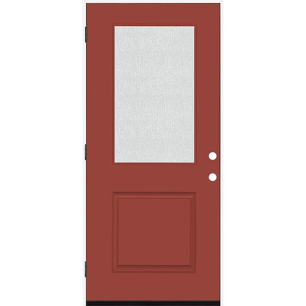 Steves & Sons Legacy 36 in. W. x 80 in. 1/2 Lite Rain Glass RHOS Primed Morocco Red Finish Fiberglass Prehung Front Door