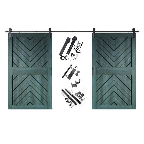 JT4 48 in. x 84 in. C-Panel Royal Pine Fishbone Design Double Pine Wood Sliding Barn Door with Hardware Kit