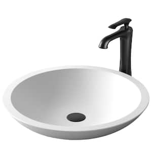 Quattro Matte White Acrylic 19 in. Round Bathroom Vessel Sink with Faucet and drain in Matte Black