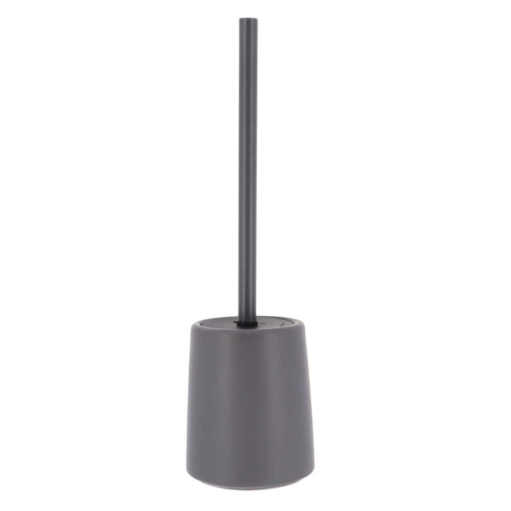 Gray Stoneware Toilet Brush and Holder with Metallic Handle